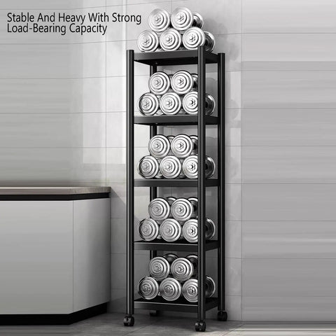 Five Tier Carbon Steel Storage Rack With Smooth Rolling Wheels Heavy Duty Metal Shelving Unit Extra Thick Frame Roomy Organizer For Home Office Pantry Entryway Black displaying silver weights on shelves.