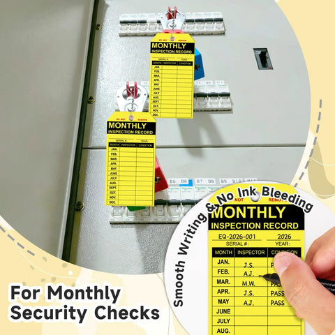 50 Pack PVC Fire Extinguisher Monthly Inspection Tags 4.7 By 2.3 Inches With Wire And Double Ended Oil Based Marker Yellow Tear Proof