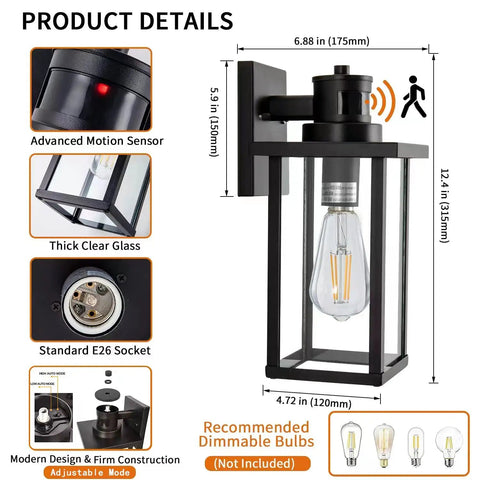 2 Pack Motion Sensor Outdoor Wall Lights Dusk To Dawn Matte Black Porch Lanterns for exterior garage and patio product details