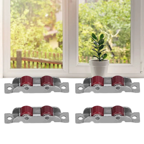 Double Wheel Window Pulley Kit With Screws For 14mm Slot Width Sliding Windows And Doors Heavy Duty Stainless Steel Rollers Set Of 4 in front of a window.