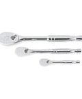 Three Piece One Quarter Inch Drive, Three Eighths Inch Drive, And One Half Inch Drive Ratchet Set with Bright Chrome Finish
