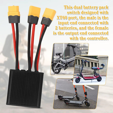 Dual Battery Connector For 20V-72V E-Bikes, Parallel Battery Module With XT60 Port, 30A switch balancer, various e-bike views