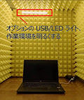 Portable Desktop Vocal Recording Booth And Soundproof Isolation Shield With Thick Foam Panels, interior view with LED light and laptop.