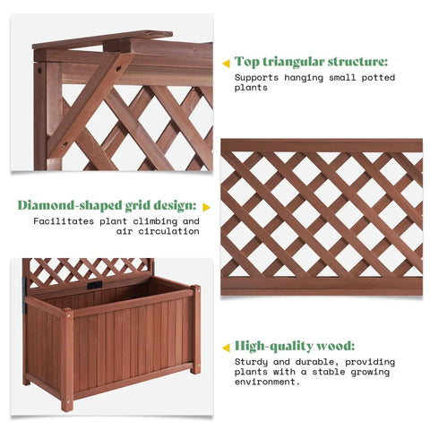 Raised Garden Bed With Trellis For Veggies And Climbing Plants made from durable natural wood with drainage holes, showing lattice design and planter box.