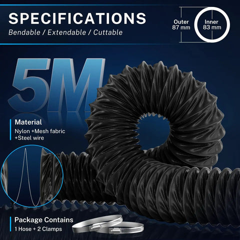 Beefy Heavy Duty Nylon Duct Hose 3 Inch By 16 Foot Flexible Venting For Diesel Heaters And More with clamps, black