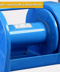 Heavy-Duty Hand Winch With Two-Way Self-Locking Brake And Adjustable Handle, close-up of blue wire rope drum.