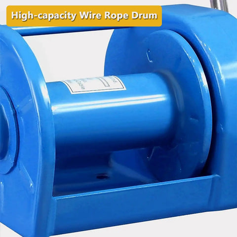 Heavy-Duty Hand Winch With Two-Way Self-Locking Brake And Adjustable Handle, close-up of blue wire rope drum.