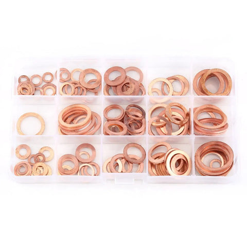 Really Legit 150 Piece Metric Copper Flat Washers Assortment Kit With Storage Box High Electrical Conductivity Grounding Busbars For Mechanic Trades And Electronics Projects Solid Metal Gasket Bundle Deal, copper washers in compartment storage box