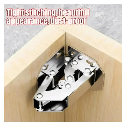Rotating Concealed Cabinet Hinges Set For No Drill Installation In Stainless Steel Finish mounted inside a wooden cabinet corner