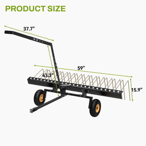 60 Inch Tow Behind Dethatcher For Lawn And ATV, Heavy Duty Lawn Rake With 24 Spring Steel Tines, Lift Handle, Clears Thatch