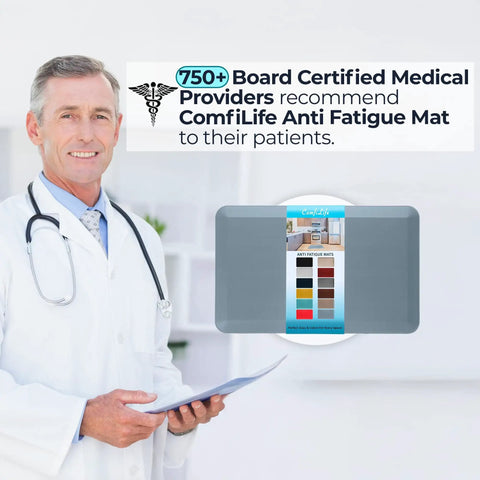Doctor endorsing ComfiLife Anti Fatigue Mat for home and office with inset of mat in various colors
