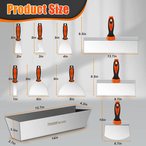 Product size chart showing various razor scraper dimensions for 2-In-1 Razor Scraper Set With 20 Replacement Blades.