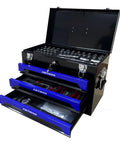 Rock Solid 20 Inch Portable Metal Toolbox With Triple Drawer Layout And Quick Access Top Tray, showing open drawers and tool organization.
