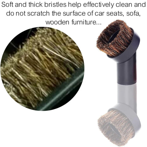 Close-up of horsehair bristles on 3 Pack 1.25 Inch Horsehair Vacuum Brush Attachments with adapters for furniture and car cleaning.