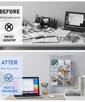 Durable Mail Sorter Organizer for Office and School Desk Rack for Letters on wall, tidy desk with laptop, books, and plants