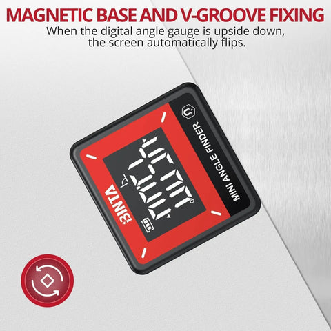 Slick Pocket Sized Digital Angle Finder With Strong Magnet IP54 Waterproof Dustproof Dead On Precision Layout Gauge For Carpentry And DIY No Sweat Compact Measuring Tool displaying digital readout with magnetic base.