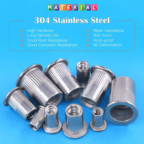 Top Shelf 30Piece 5 16 Inch To 18 Unc 304 Stainless Steel Rivet Nuts Flat Head Threaded Inserts in various sizes on blue background.