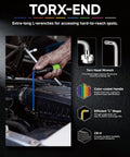 Person using Extra Long Torx Hex Key Set T10 T50 With Color Coded Ball End Wrenches on car engine.