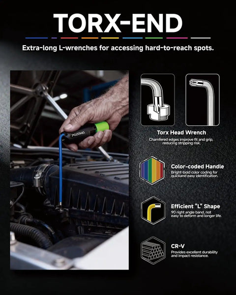 Person using Extra Long Torx Hex Key Set T10 T50 With Color Coded Ball End Wrenches on car engine.