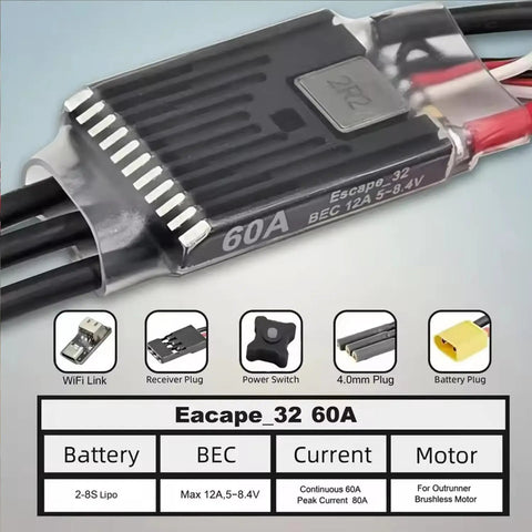 Beefy 60A Brushless ESC with WiFi Link for 1/10 RC Crawlers, showing Eacape_32 60A specifications including BEC and LiPo compatibility.