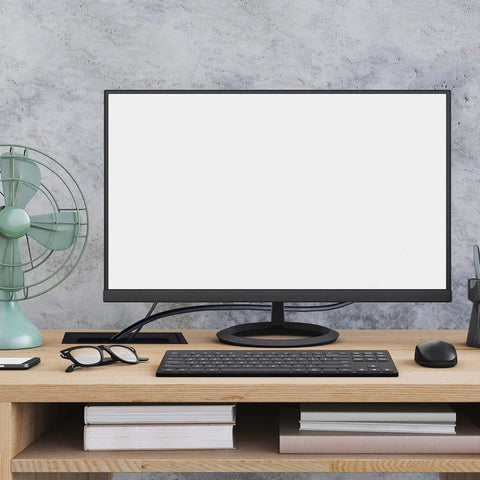 Desk setup with a monitor, keyboard, and 1 Pack Rectangle Hole Cover Square Cable Grommet 268x68x28mm for Desk Cable Management installed.