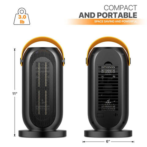Portable Electric Heater For Indoor Use With Three Heat Modes And Thermostat, 12 Hour Timer, front and back view with handle.