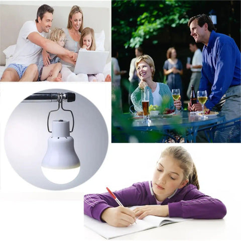 Solar Powered Lamp With Remote Control, Portable LED Bulb Lights shown below family and outdoor activities.