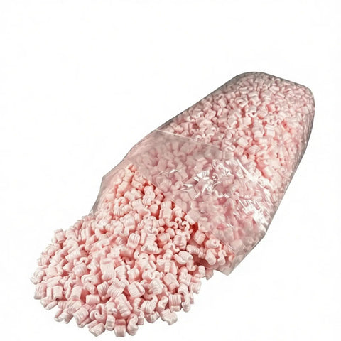 Boss Level Anti Static Packing Peanuts For Shipping And Moving Slick Loose Fill Void Cushion Material 30 Gallon Bag with pink packing peanuts.
