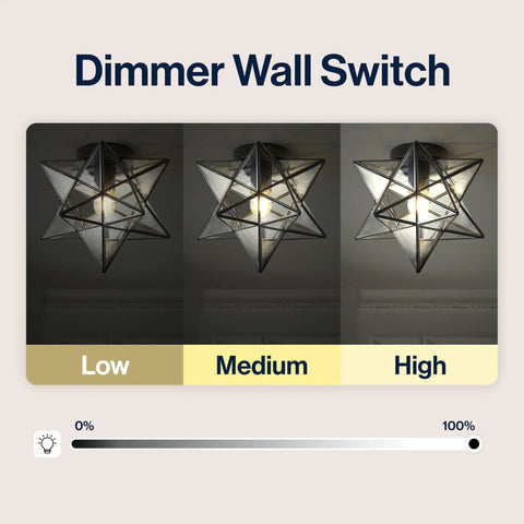Slick 12 Inch Nickel Moravian Star LED Flush Mount Ceiling Light With Clear Glass Shade Geometric Iron Lantern dimmer settings