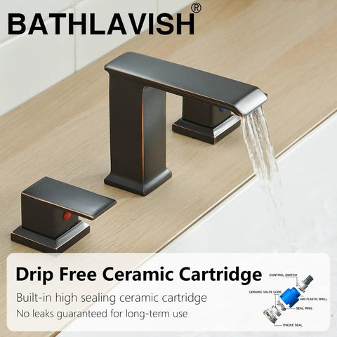 Oil Rubbed Bronze Widespread Bathroom Faucet With 8 Inch 3-Hole Mount 2-Handle Waterfall Vanity Lavatory Tap Modern Sink