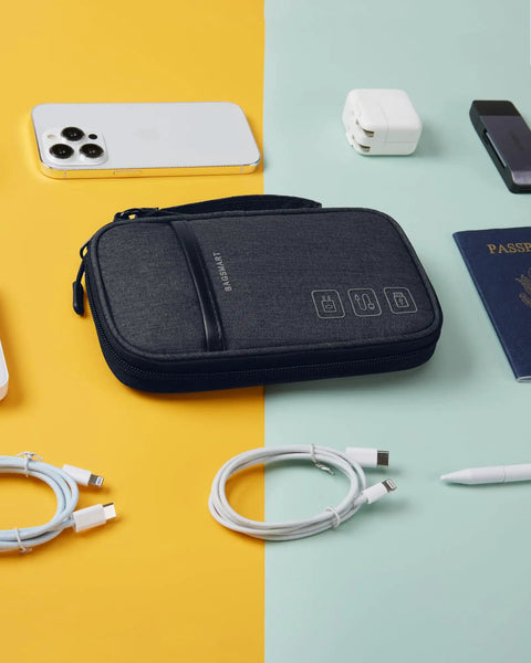 Cord Organizer Travel Kit For Chargers And Cables, Slim Single Layer Tech Bag with accessories on table, black.