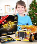 Child with 2 in 1 Truck And Airplane STEM Building Set, 361 Pcs DIY Construction Toys, yellow truck model displayed