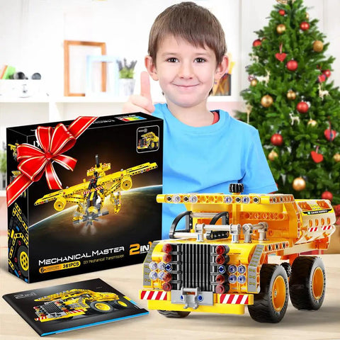 Child with 2 in 1 Truck And Airplane STEM Building Set, 361 Pcs DIY Construction Toys, yellow truck model displayed