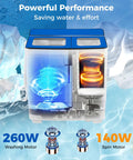 Straight Up The Best Portable Twin Tub Washing Machine With Built In Drain Pump 20 Lbs Compact Laundry Spinner showing 260W washing motor and 140W spin motor.