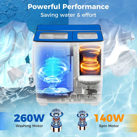 Straight Up The Best Portable Twin Tub Washing Machine With Built In Drain Pump 20 Lbs Compact Laundry Spinner showing 260W washing motor and 140W spin motor.