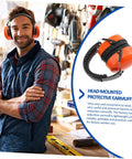 Man wearing Heavy Duty Hearing Protection Earmuffs Built To Crush Nasty Workshop And Factory Noise Solid Sound Insulation Headband in orange.