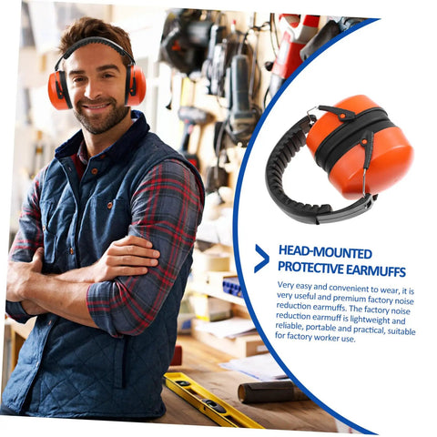 Man wearing Heavy Duty Hearing Protection Earmuffs Built To Crush Nasty Workshop And Factory Noise Solid Sound Insulation Headband in orange.