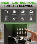 Smart control panel on Premium Twenty Bar Espresso Maker With Built In Milk Frother And One Point Eight Quart Removable Tank in sleek black.