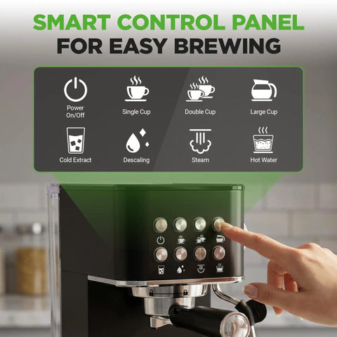 Smart control panel on Premium Twenty Bar Espresso Maker With Built In Milk Frother And One Point Eight Quart Removable Tank in sleek black.