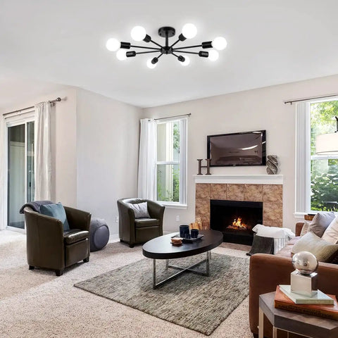 Modern living room with 6 Light Sputnik Style Semi Flush Mount Ceiling Fixture in Black Finish installed above seating area.