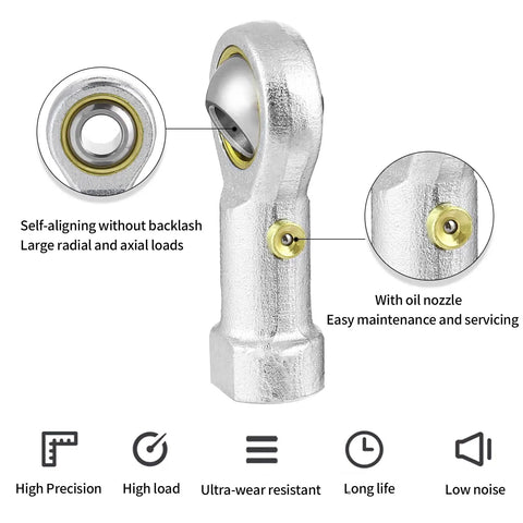2 Pack Rod End Bearing Three Sixteenth Inch Bore Pre Lubricated 10 32 Right Hand Thread Heim Joint With Jam Nuts Heavy Duty Linkage And Steering Arm Applications showing oil nozzle and self-aligning features