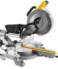 Professional Sliding Miter Saw Built Different For Smooth Panel Cuts And Rock Solid 1800 Watt Power, gray metal body with adjustable cutting angles.