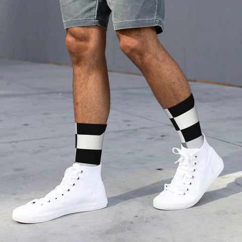 Top Shelf Black And White Piano Plate Grid Athletic Socks Engineered For The Daily Grind With Fast Dry Polyester and secure mid tube fit in use.