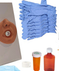 Top Tier Enteral Feeding Simulator Training Kit For Nursing Students With Hella Realistic Clinical Practice Supplies showing gloves, torso model, syringes, and practice supplies.