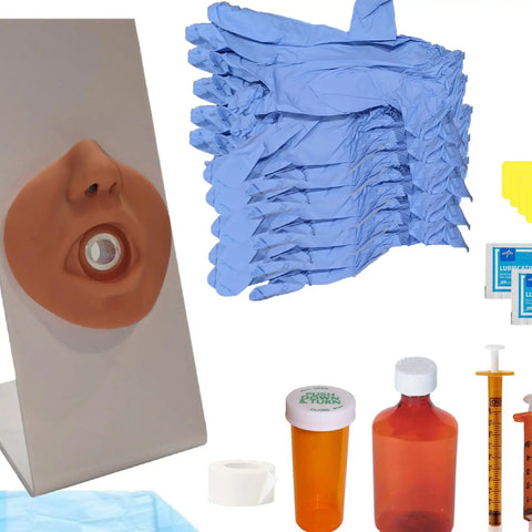 Top Tier Enteral Feeding Simulator Training Kit For Nursing Students With Hella Realistic Clinical Practice Supplies showing gloves, torso model, syringes, and practice supplies.