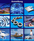 Anmeldung application examples grid, including LED lighting, electronics, batteries, motors, wire spools, connections, UAV, model ships, cars.