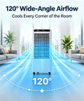 No Hose Portable Swamp Cooler Indoor Standing Air Conditioner With 120 Degree Wide Auto Oscillation, blue, cooling in a room.