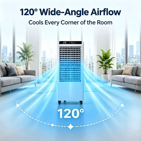 No Hose Portable Swamp Cooler Indoor Standing Air Conditioner With 120 Degree Wide Auto Oscillation, blue, cooling in a room.