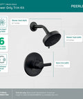 Matte Black 6-Function Shower Head Trim Kit With Pause Setting and Touch-Clean Spray Holes, dimensions detailed