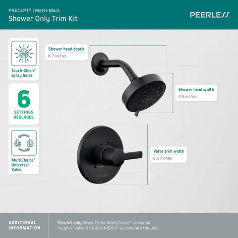 Matte Black 6-Function Shower Head Trim Kit With Pause Setting and Touch-Clean Spray Holes, dimensions detailed